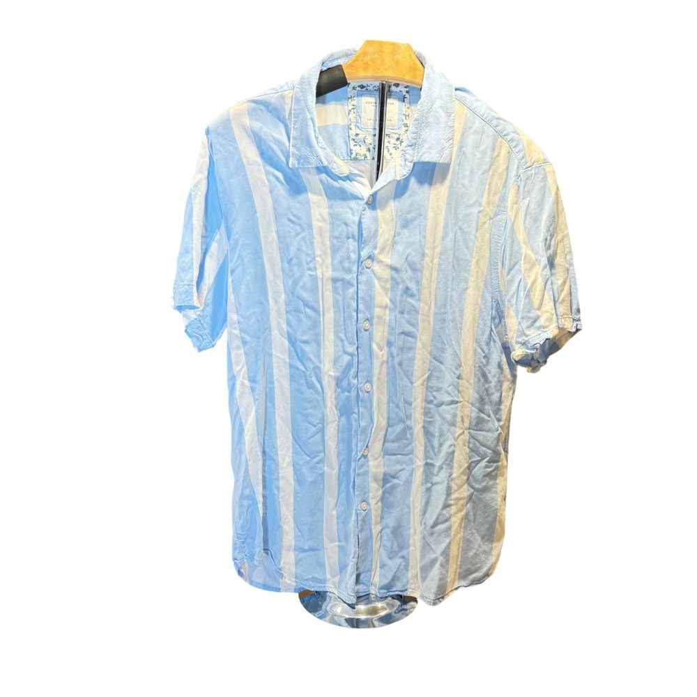 DENIM & FLOWER Ricky Singh Blue White Stripe Short Sleeve Button Down Men L